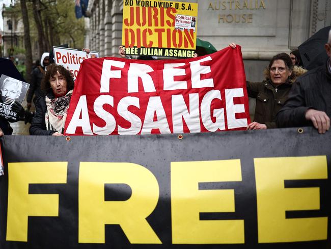 Supporters of WikiLeaks founder Julian Assange protest outside the Australian High Commission in central London on April 10, 2024, on the eve of the fifth anniversary of his arrest by British police. Picture: AFP