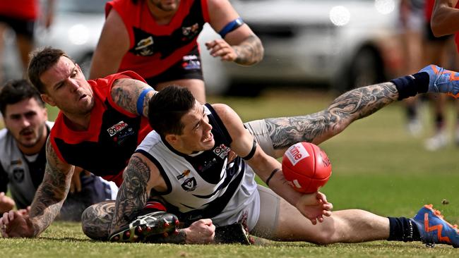 Dane Swan tackles Kyle Rodgers at Ian Cowie Reserve. Picture: Andy Brownbill