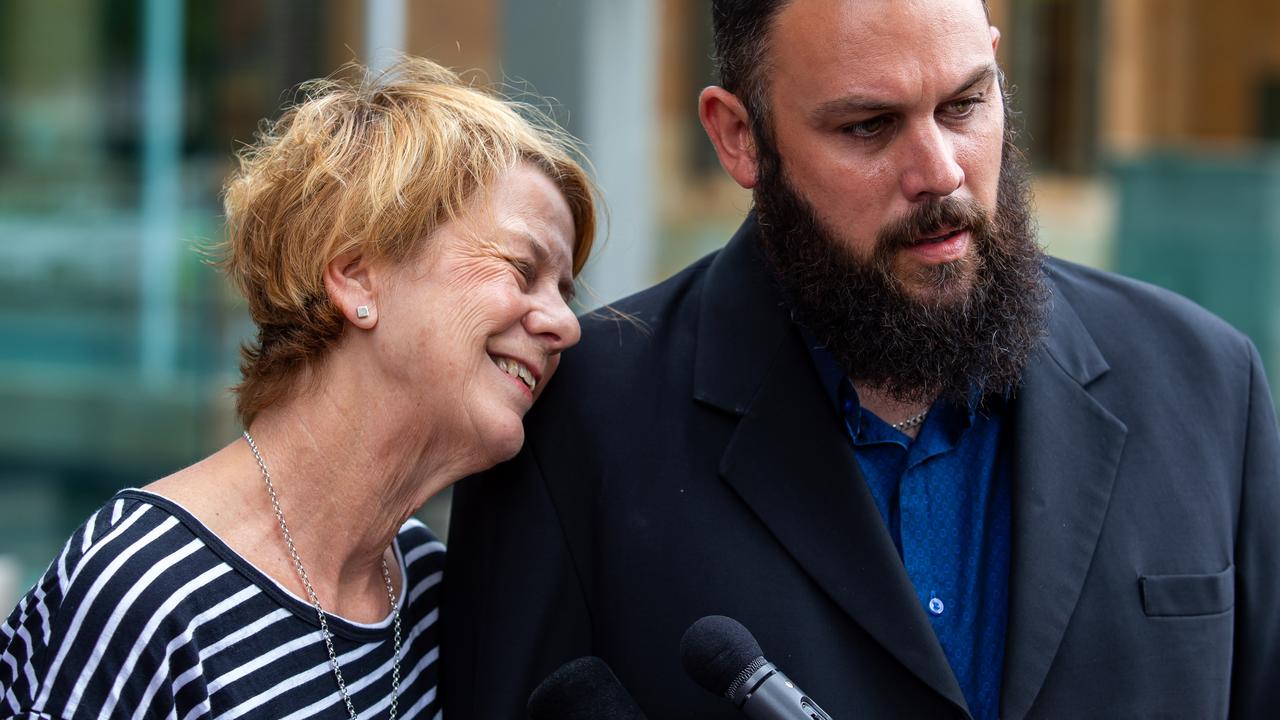 Barbara Spriggs and son Clive Spriggs speak to media after giving evidence at the Royal Commission into Aged Care, Commonwealth Courts in Adelaide. Picture: AAP/James Elsby