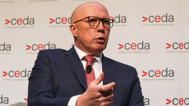 Peter Dutton addresses a CEDA lunch on his plan for nuclear energy. Picture: NewsWire / Gaye Gerard