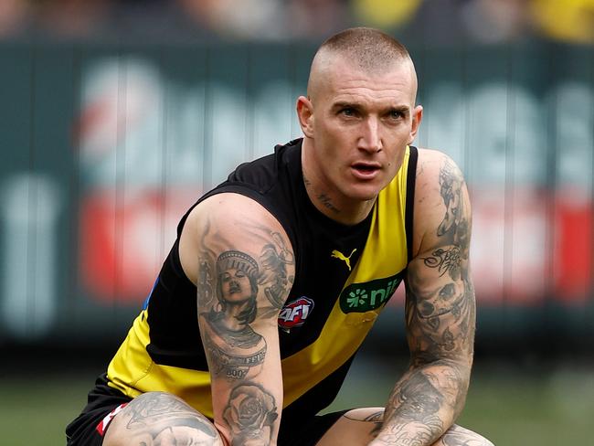 MELBOURNE, AUSTRALIA - AUGUST 19: Dustin Martin of the Tigers looks on during the 2023 AFL Round 23 match between the Richmond Tigers and the North Melbourne Kangaroos at Melbourne Cricket Ground on August 19, 2023 in Melbourne, Australia. (Photo by Michael Willson/AFL Photos via Getty Images)