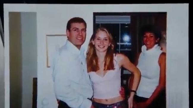 Prince Andrew, Virginia Roberts Giuffre and Ghislaine Maxwell pictured inside the London Mews home of Maxwell. Picture: Screengrab / Channel 9 / 60 Minutes