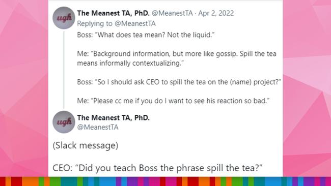 ‘What does tea mean? Not the liquid’. Picture: Twitter / The Meanest TA, PhD