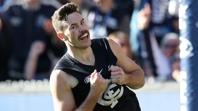 AFL Round 22. 17/08/2019. Carlton v St Kilda at the MCG .  Mitch McGovern of the Blues celebrates a goal in the 3rd qtr . Pic: Michael Klein