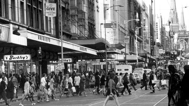 Shoppers walk past Buckley’s in Bourke St in 1972.