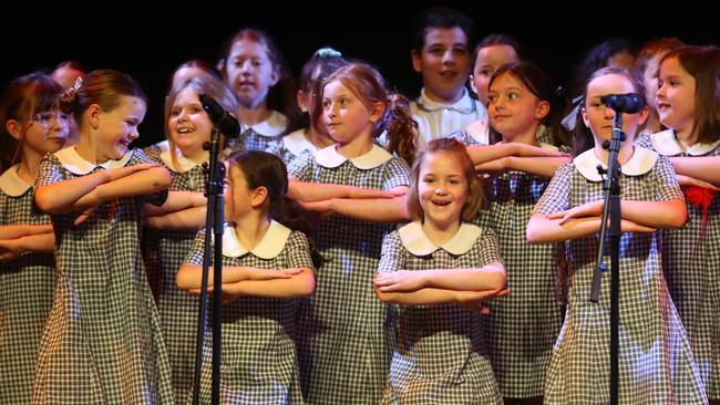 St Thomas Primary School students performing at the Geelong Schools Music and Movement Festival. Picture: Alison Wynd
