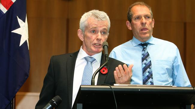 Senator Malcolm Roberts and geologist Tony Heller refuting the scientific evidence of global warming at a press conference at Parliament House in Canberra. Picture: Kym Smith