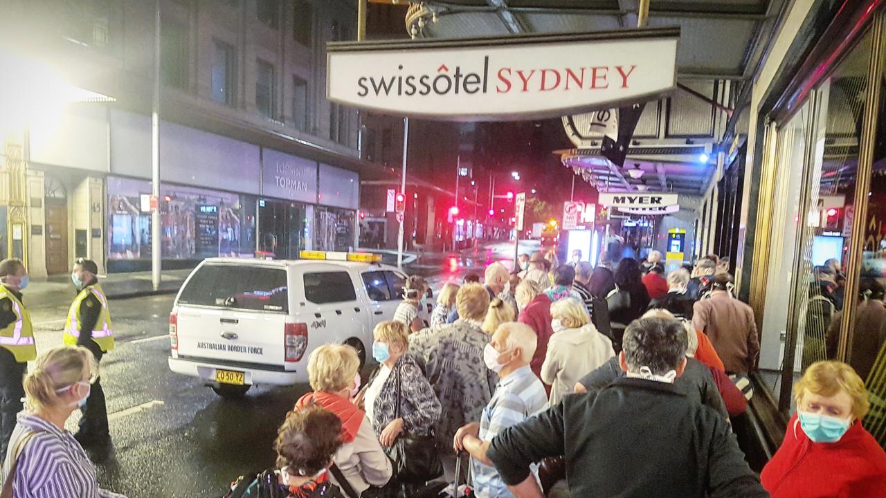 Norwegian Jewel passengers arrive at the Swissotel hotel in Sydney for 14 days self isolation. Picture: Tom Huntley