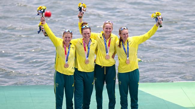 WINNERS: Bronze medallists Ria Thompson, Rowena Meredith, Harriet Hudson and Caitlin Cronin of Team Australia pose with their bronze medals during the medal ceremony for the Women's Quadruple Sculls Final. Pic: Julian Finney/Getty Images