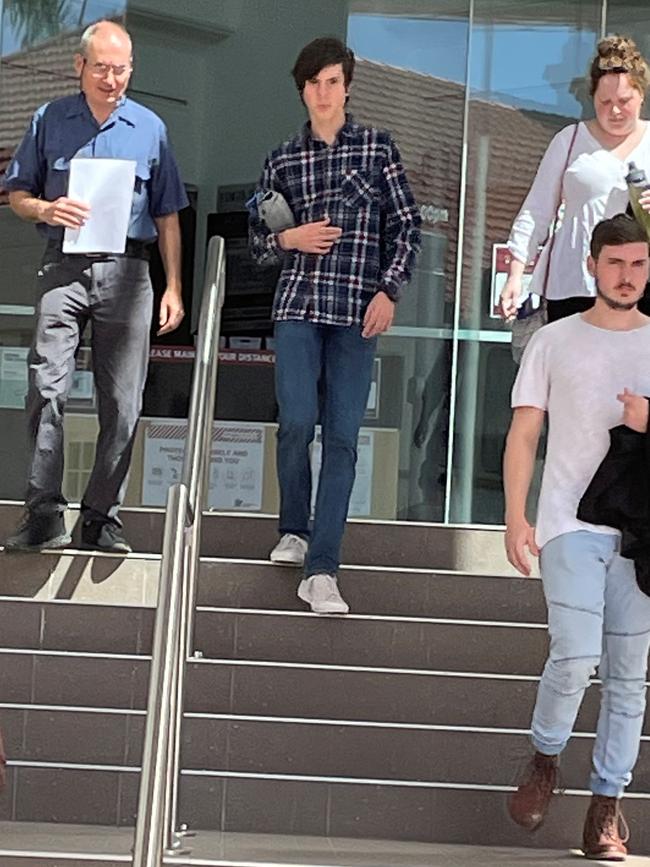 Nathanael Patson's father Noel, along with two of his five brothers, Joel and Tobias, leaving the Rockhampton courthouse after at-fault fatal crash driver Lochie John Taylor, 22, was sentenced to three years and three months prison, suspended after serving eight months, and operational for five years.