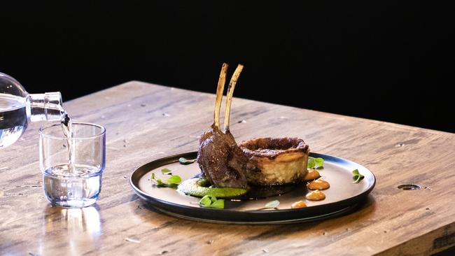 Lamb cutlet, confit shoulder, potato pitivier, mint pea puree at the Farmers Arms Hotel, Creswick.