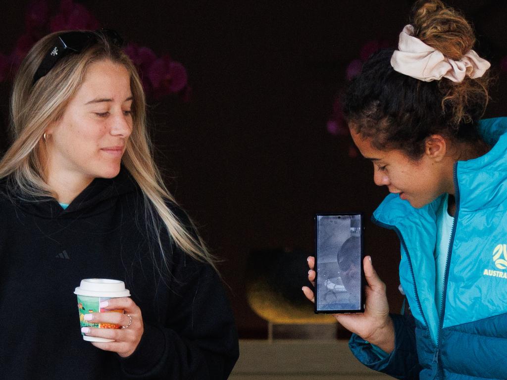 Matildas players Courtney Nevin and Mary Fowler on a video calling with Sam Kerr ahead of their friendly against China Picture by Max Mason-Hubers