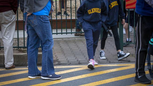 Outside Glenelg Primary School on Wednesday afternoon, where police are investigating the abduction attempt. Picture: Emma Brasier