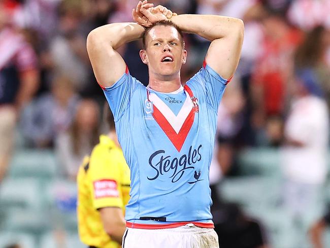 SYDNEY, AUSTRALIA - APRIL 25:  Lindsay Collins of the Roosters looks dejected after defeat during the round seven NRL match between the St George Illawarra Dragons and the Sydney Roosters at Sydney Cricket Ground, on April 25, 2022, in Sydney, Australia. (Photo by Mark Kolbe/Getty Images)