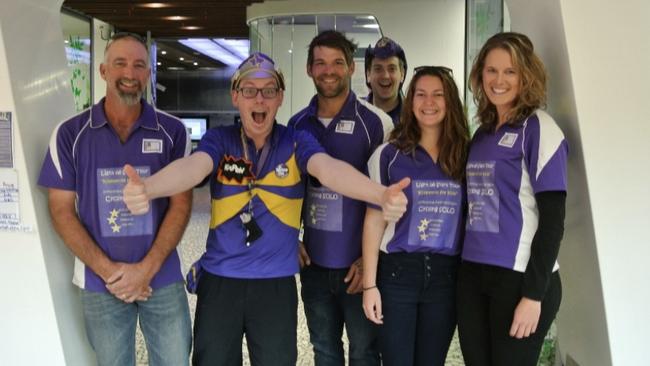 Matt, third from left, with his dad Scott, far left, sister Bella, second from right, and wife Katelyn, far right, and the Starlight Foundation Crew at the Royal Children's Hospital in Melbourne at the end of his charity bike ride. Picture: Supplied