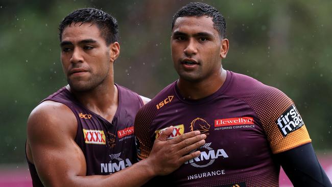 Ofahengaue with Tevita Pangai Junior at training. Pangai’s contract talks are ongoing. Picture: Adam Head