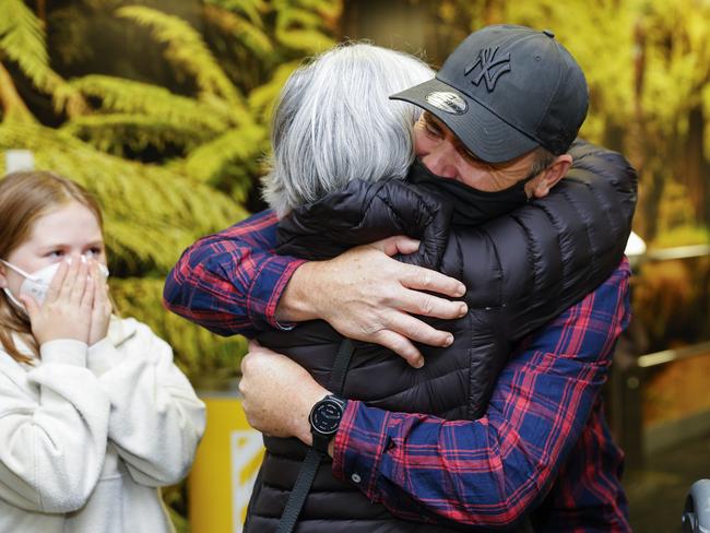 Emotional scenes as a passenger is greeted after arriving on a flight from Sydney at Wellington International Airport on April 13. Picture: Getty Images