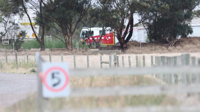 Firefighters at the scene of a fatal industrial accident at a Lethbridge farm, off English Road. Picture: Alan Barber