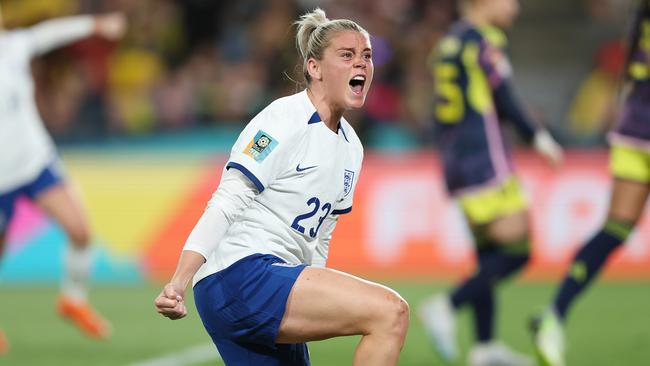 Alessia Russo celebrates her goal to send England 2-1 up and book them a spot in the semi-finals. Picture: Mark Metcalfe – FIFA/FIFA via Getty Images