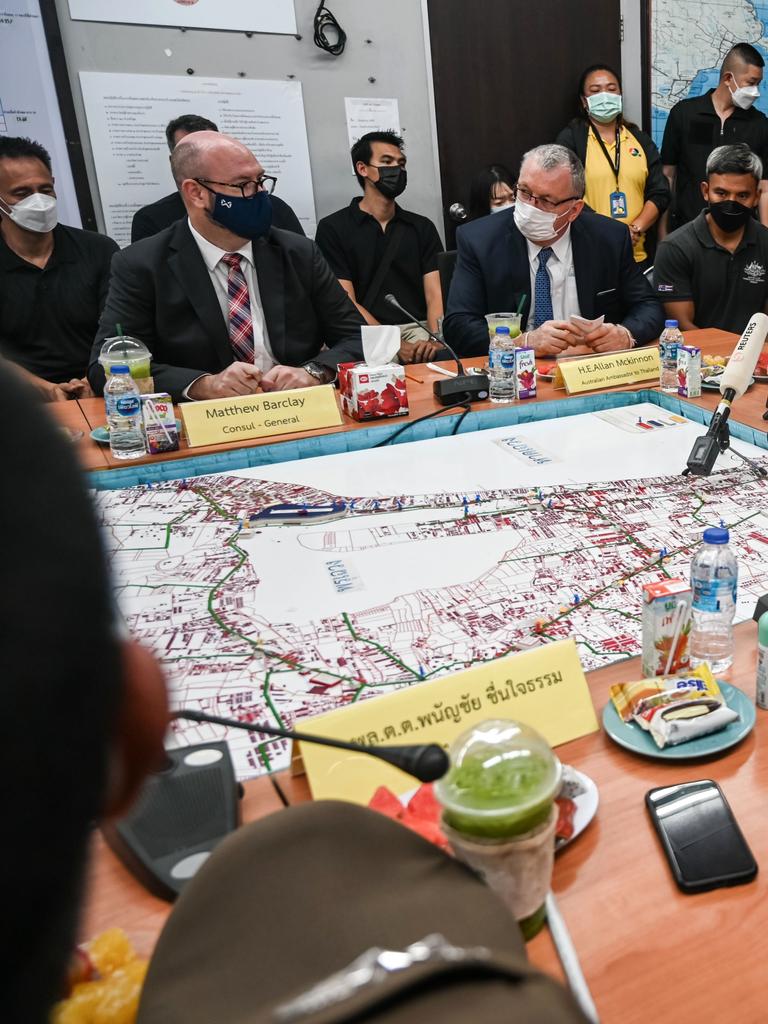 Australian Ambassador to Thailand Allan McKinnon and Thailand's Police Lieutenant General Surachate Hakparn at the Bophut Police Station press conference. Picture: Getty Images