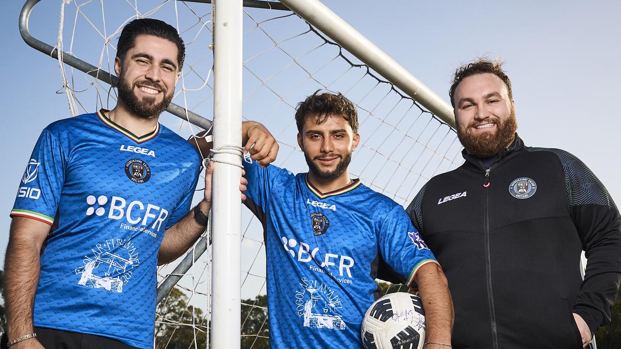 Carlo Troncone, Ali Hosseini, and George Francesco Belpirio at AC Unito training in Adelaide, after the club has rapidly grown since it started in 2021, Thursday, Feb. 13, 2025. Picture: Matt Loxton