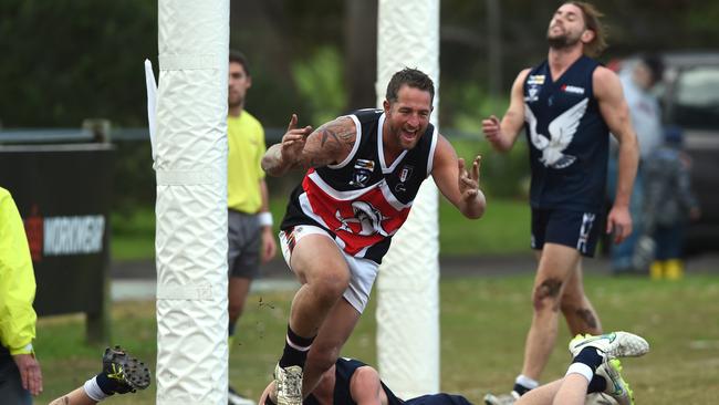 Bonbeach forward Luke “Damage’’ Damon celebrates a goal in the Sharks’ win over Edi-Asp. Picture: Chris Eastman