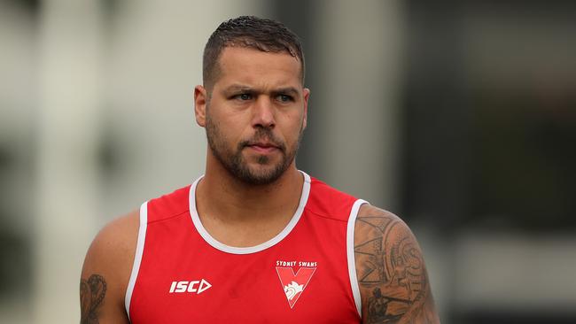 Lance Franklin of the Swans at a Sydney Swans AFL training session at Lakeside Oval yesterday. Photo: Matt King/Getty Images