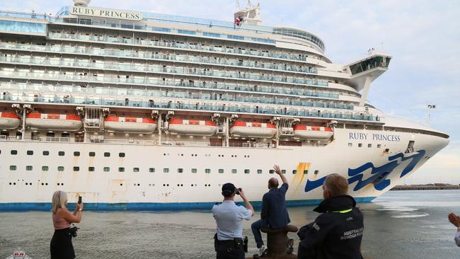 The Ruby Princess sails from Port Kembla on April 23 after being linked to multiple coronavirus deaths and infections among its passengers. Picture: AAP