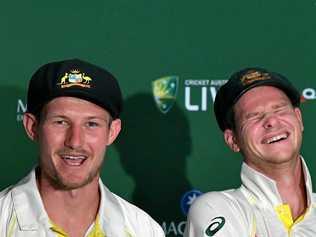 Cameron Bancroft (left) and Steve Smith (right) in happier times. Picture: DARREN ENGLAND