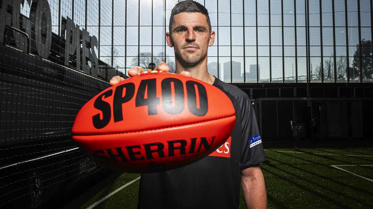 MELBOURNE, AUSTRALIA - JULY 31: Scott Pendlebury of the Magpies poses for a photograph during a media opportunity at AIA Centre on July 31, 2024 in Melbourne, Australia. Scott Pendlebury is due to play his 400th AFL game this Saturday night. (Photo by Daniel Pockett/Getty Images)