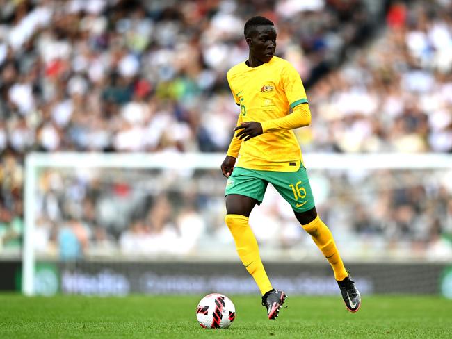 AUCKLAND, NEW ZEALAND - SEPTEMBER 25: Garang Kuol of the Socceroos makes a break during the International Friendly match between the New Zealand All Whites and Australia Socceroos at Eden Park on September 25, 2022 in Auckland, New Zealand. (Photo by Hannah Peters/Getty Images)