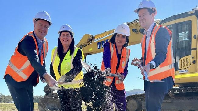 Sunshine Coast Airport chief executive Chris Mills, State Development Minister Grace Grace, Sunshine Coast Mayor Rosanna Natoli and Sunshine Coast Councillor Taylor Bunnag turn the sod at the aerospace precinct at the Sunshine Coast airport.