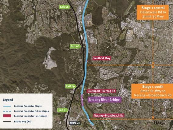 Map of the first stage of the Coomera Connector from Nerang to Coomera.