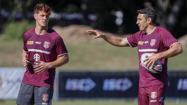 Billy Slater, right, has stepped into the coaching hot seat with the Maroons. Picture: AAP Image/Glenn Hunt