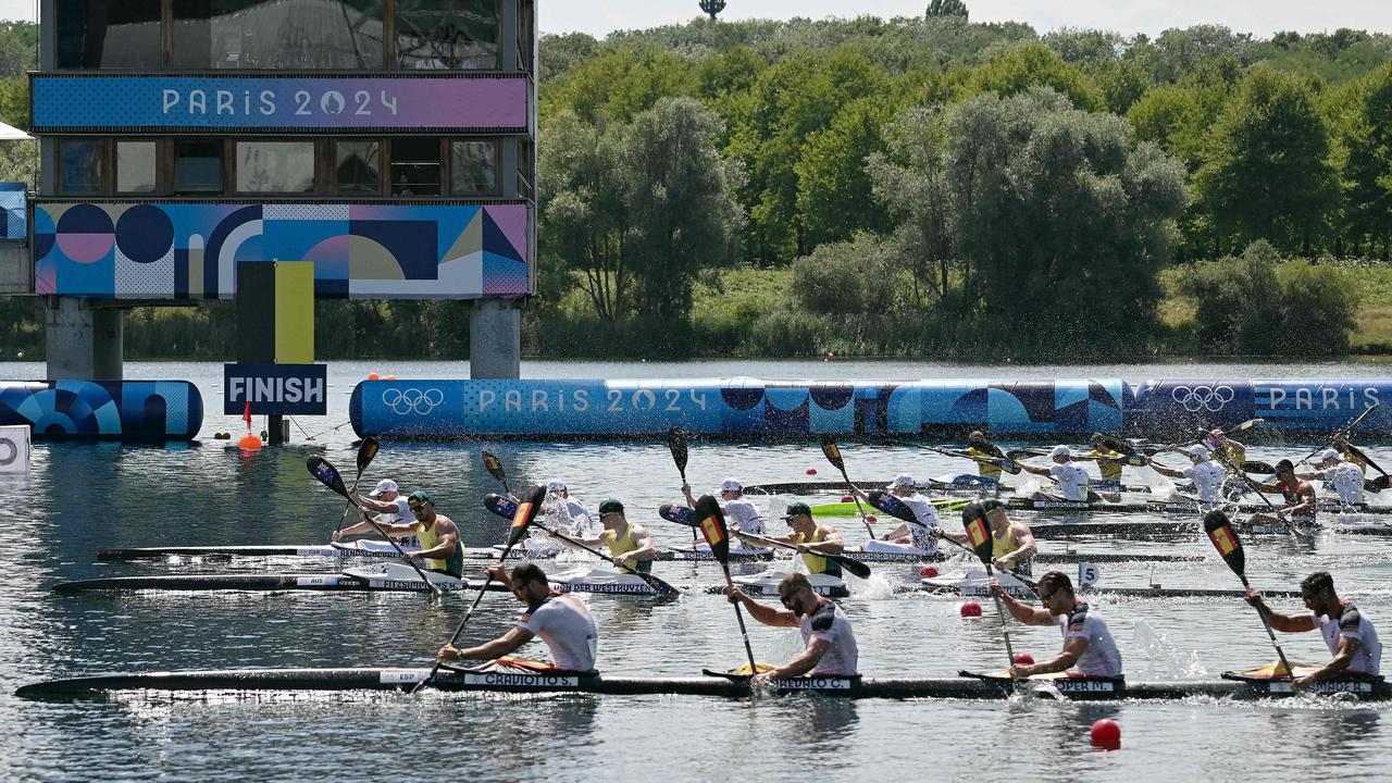 The 500m canoe sprint K4 final was a photo finish won by Germany, with Australia's Riley Fitzsimmons, Pierre Van Der Westhuyzen, Jackson Collins and Noah Havard winning silver. Spain took bronze. Picture: Bertrand Guay/AFP