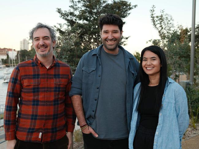 Canva has purchased one of Australia’s fastest-growing start-ups, Leonardo. AI. L-R, Leonardo.Ai's JJ Fiasson, Canva's Cliff Obrecht and Melanie Perkins. Picture: Supplied.