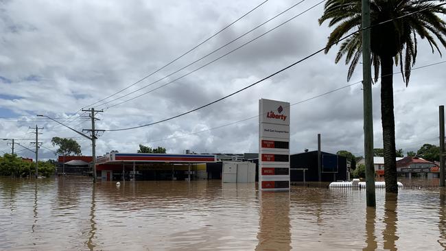 Flood water fills the Liberty service station on Ballina Road on March 1, 2022, a day after Lismore was hit by a record flood. Picture: Stuart Cumming