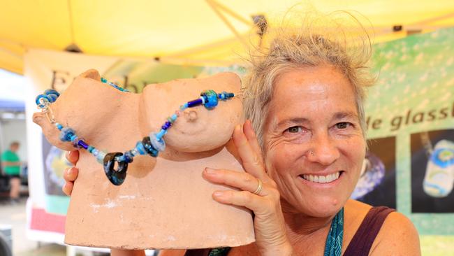 Artist Michele Bevis with one of her unusual sculpture creations which will be on sale at the Murwillumbah Farmers markets at the Murwillumbah Showgrounds.