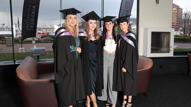 LTR - Nicole Bond (who studied online from Townsville), Bachelor of Paramedic (conversion pathway), Kate Blue, Willow Duffie, and Abbie Nimmo, (Bachelor of Paramedics practise. Picture : Mireille Merlet