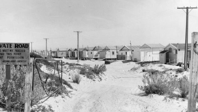 Beach shacks at Semaphore Park in 1970.