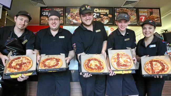 FEEDING THE MASSES: Domino's Pizza Gympie's Brad McCartin, Rob Elsley, Nick Snow, Jake Hulskamp and Jess Shayler prepare tonight's second game of State of Origin. Picture: Rowan Schindler