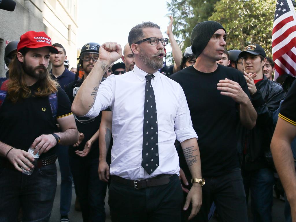 Right wing provocateur and Vice co-founder Gavin McInnes pumps his fist during a rally at Martin Luther King Jr. Civic Center Park in April. Picture: Elijah Nouvelage/Getty Images