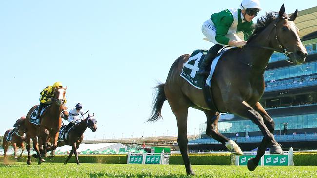 Mallory (yellow) chased home the top-class filly Enthaar in the Gimcrack Stakes. Picture: Getty Images