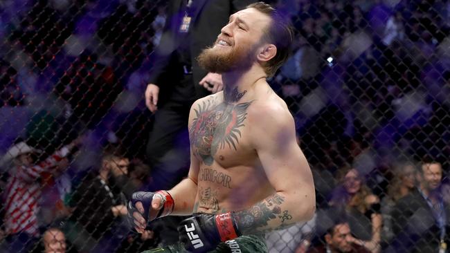 Conor McGregor celebrates his TKO victory against Donald Cerrone. Picture: Getty Images