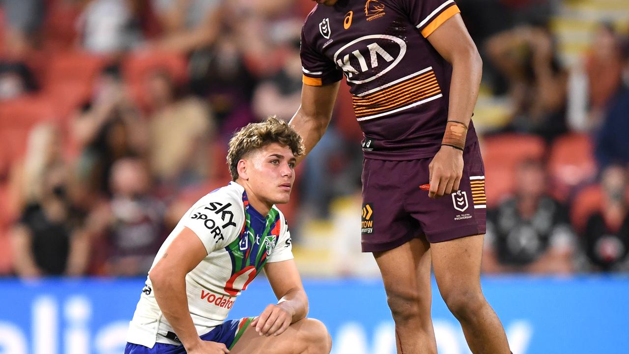 Brisbane star Selwyn Cobbo has a word with Reece Walsh after their clash with the Warriors during the 2021 NRL season. Credit: NRL Images.