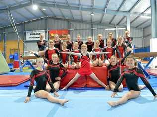 TUMBLING TO REGIONALS: Gympie's superstars ready for the next challenge. Back (from left) Melissa Vowles, Teagan Slattery, Livy Cumner, Savanna Cross, Brooke Condon, Evie Reeman, Cadence Lawler and Elisabeth Younger. Middle (from left) Jazlyn McHutchison, Sienna Lawler, Georgia Gilchrist, Gracie Stevenson, Hayley James and Gemma Bonney and front (from left) Oliva Speed, Monique Webbe, Will Tooley, Gracie Bunn and Georgie Bunn. Picture: Bec Singh