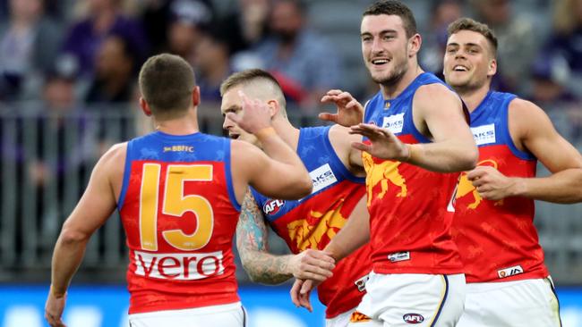 Daniel McStay celebrates another Lions goal. Pic: AAP