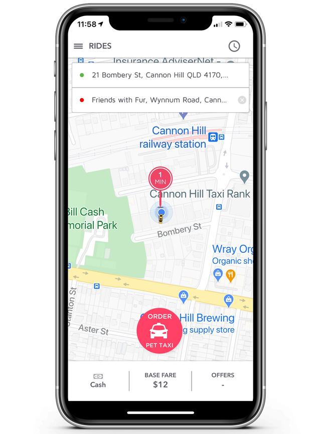 The new Pet Taxi app has a similar interface to GPS-based delivery services like Uber or Dede. Source: SUPPLIED.