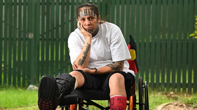 Tia-Loketi Harvey recovering from a violent road rage incident in December, is recovering in a wheelchair at her mother’s home in Kallangur. Pic: Lyndon Mechielsen/Courier Mail