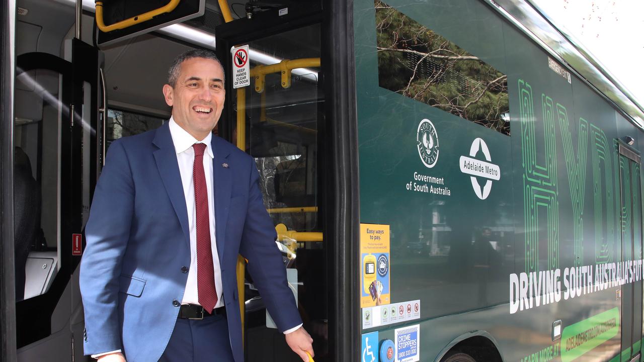 Energy Minister Tom Koutsantonis stepping off a hydrogen-powered bus. Picture: Dean Martin